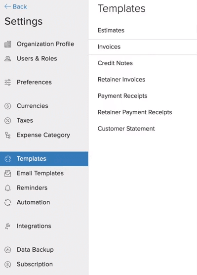 Zoho Invoice Template Selection Screen