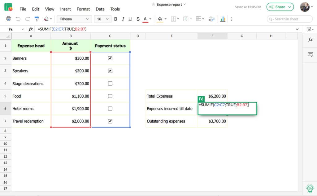 Zoho Sheet expense report