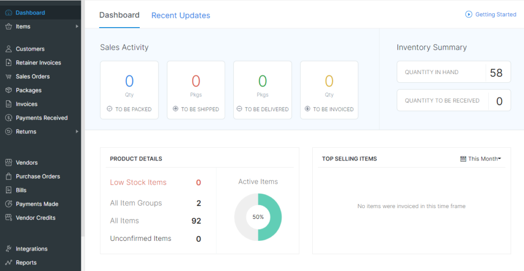 Zoho Inventory dashboard