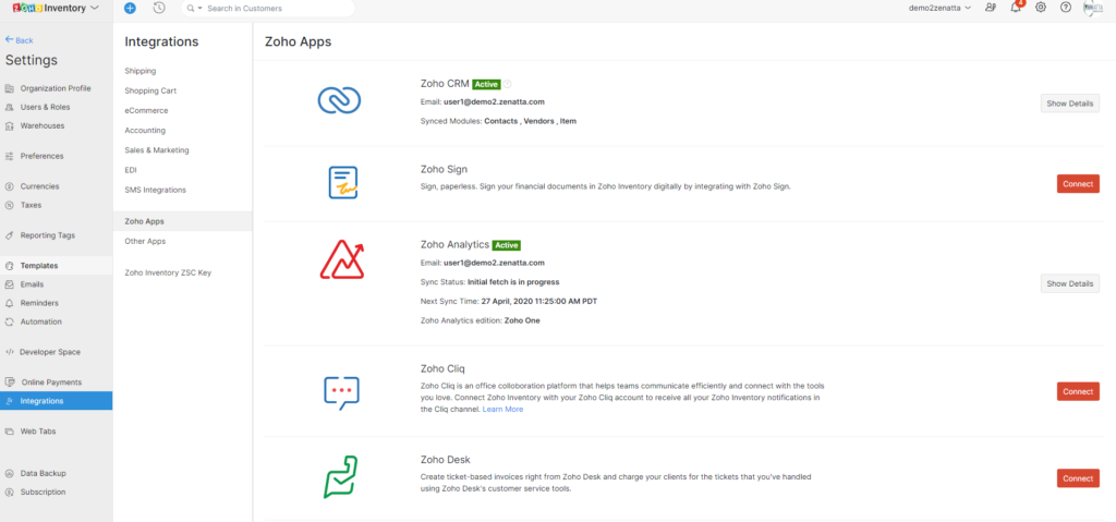 Zoho Inventory Integrations for Zoho Applications