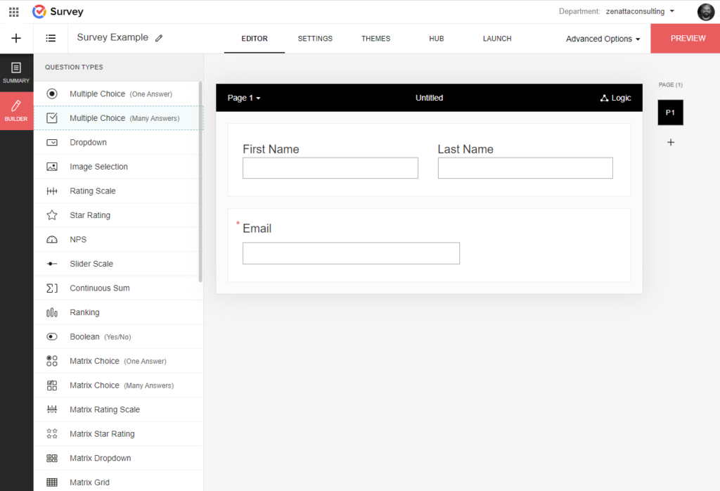 Zoho Survey builder featuring half of the elements on the left.