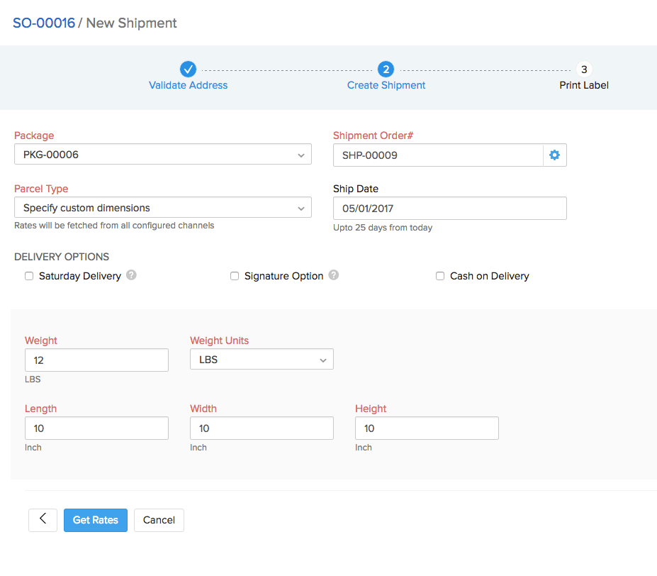 Zoho Inventory New Shipment feature with get rates at the bottom.