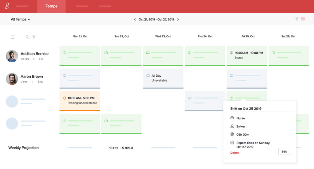 Zoho Workerly temp calendar