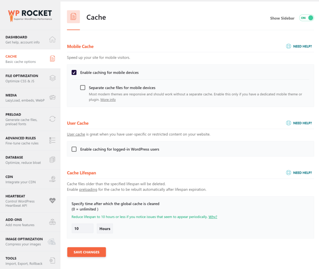WP Rocket caching page example

