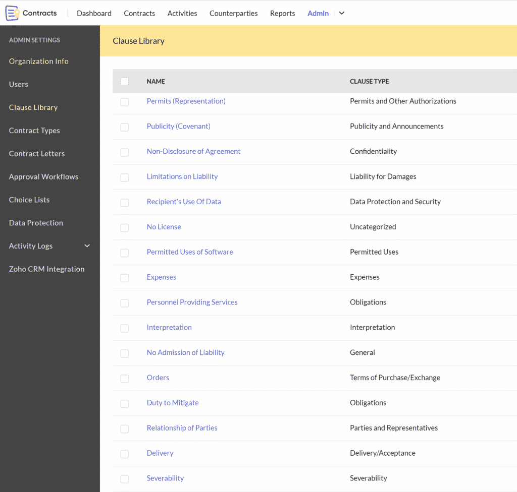 Zoho Contracts Clause Library