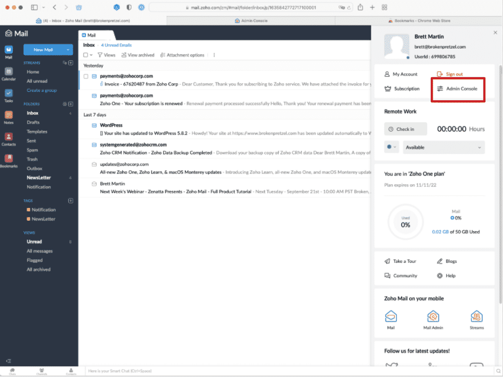 Zoho Mail Admin Console location