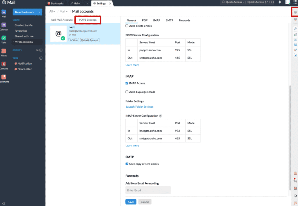 POP3 Settings page for Zoho Mail