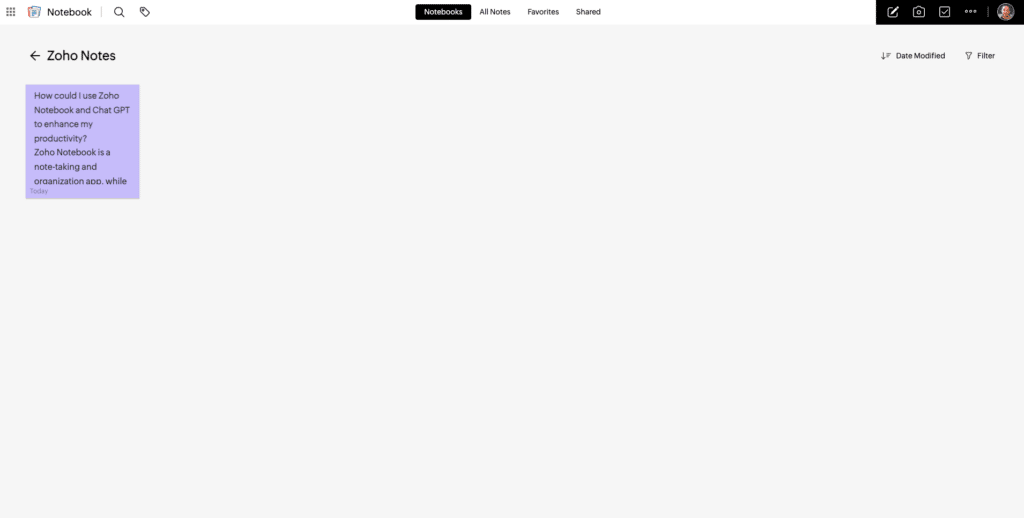 Screenshot of Zoho Notebook showing the saved note from ChatGPT