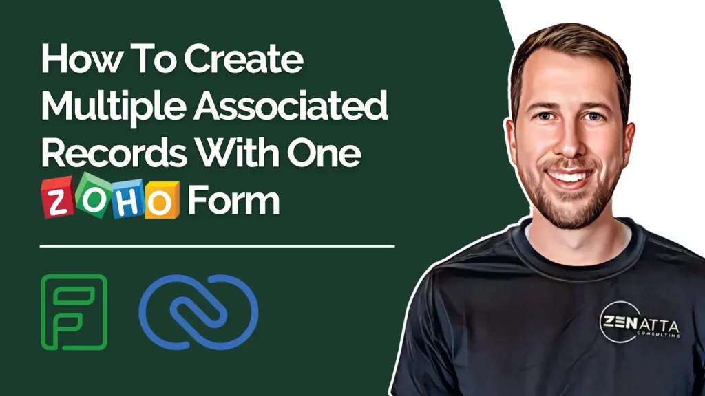 Thumbnail image of cartoon version of Tom with the video title "How To Create Multiple Associated Records With One Zoho Form"