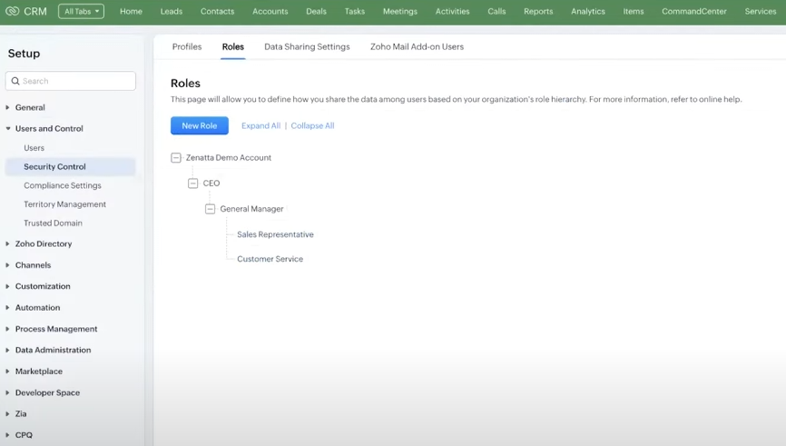 screenshot of Role-Based Views in Zoho inside of the settings inside Zoho CRM