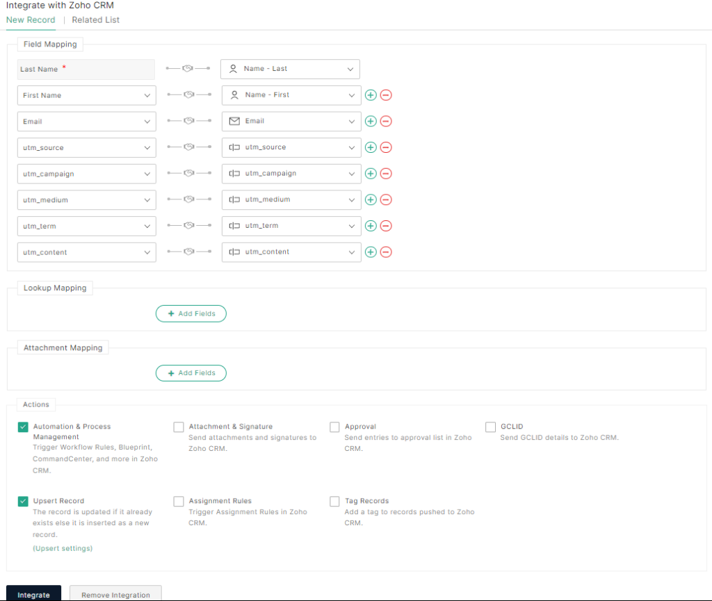 an image of Zoho Forms integration page showing the connection of UTM parameters fields