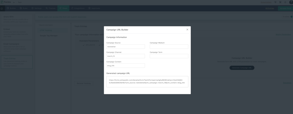 An image of Zoho Forms campaign helper tool that helps create a premade URL based on the UTM parameters you want to append