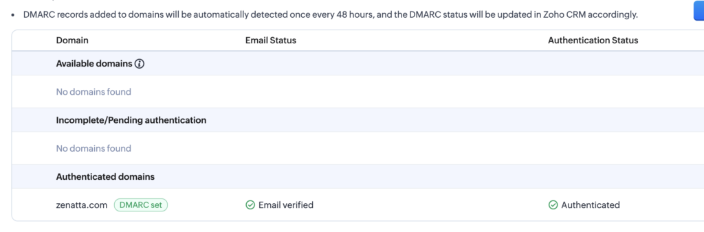 image of DMARC for Zoho CRM being activated in mail deliverability settings inside of Zoho CRM